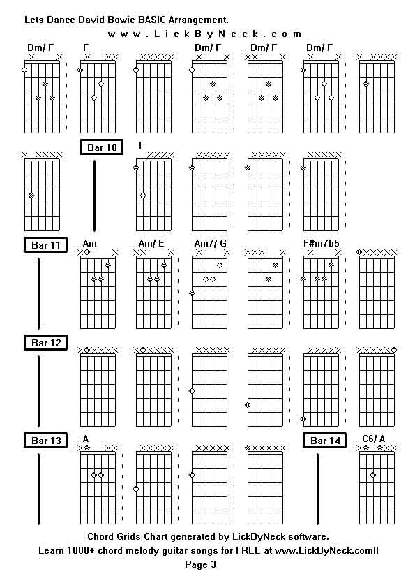 Chord Grids Chart of chord melody fingerstyle guitar song-Lets Dance-David Bowie-BASIC Arrangement,generated by LickByNeck software.